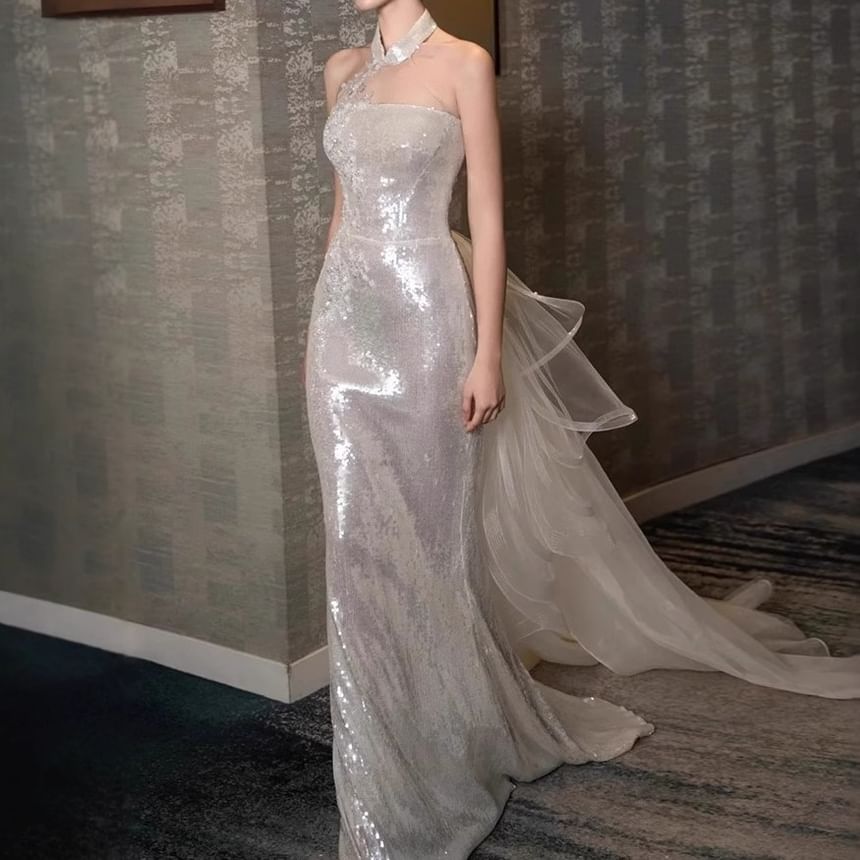 Halter Mandarin Collar Sequin Panel Mesh Trumpet Evening Gown