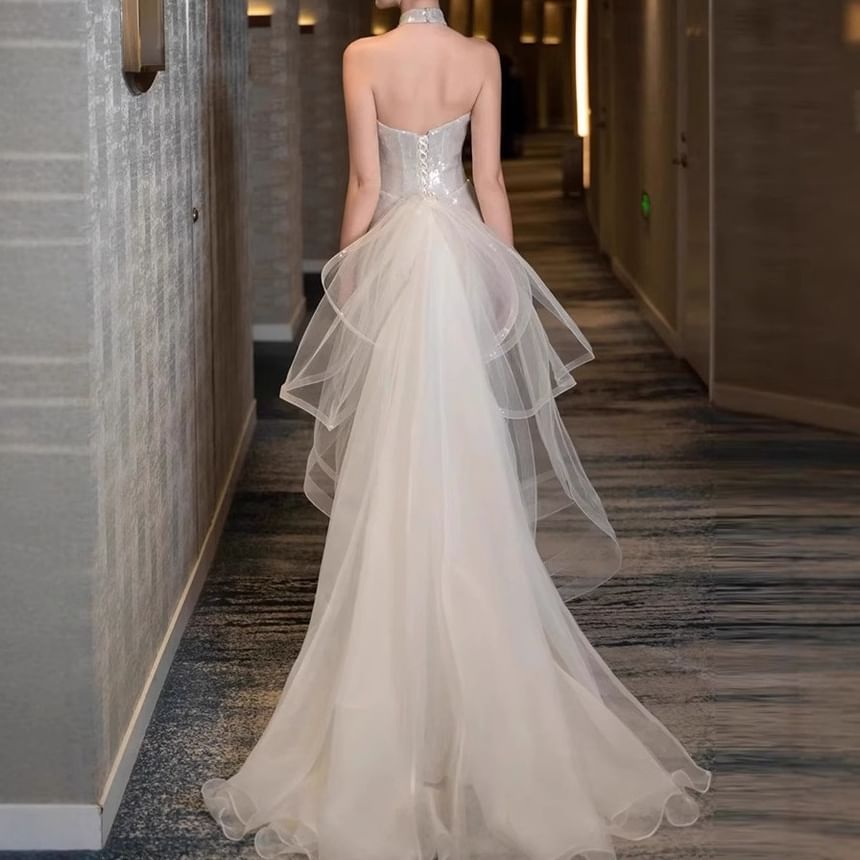 Halter Mandarin Collar Sequin Panel Mesh Trumpet Evening Gown