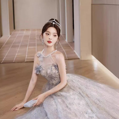 Sleeveless Round Neck Floral Embroidered Beaded Panel Mesh A-Line Evening Gown