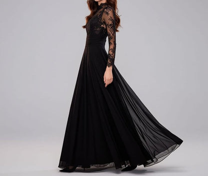Long Sleeve Mock Neck Plain Panel Lace A-Line Evening Gown