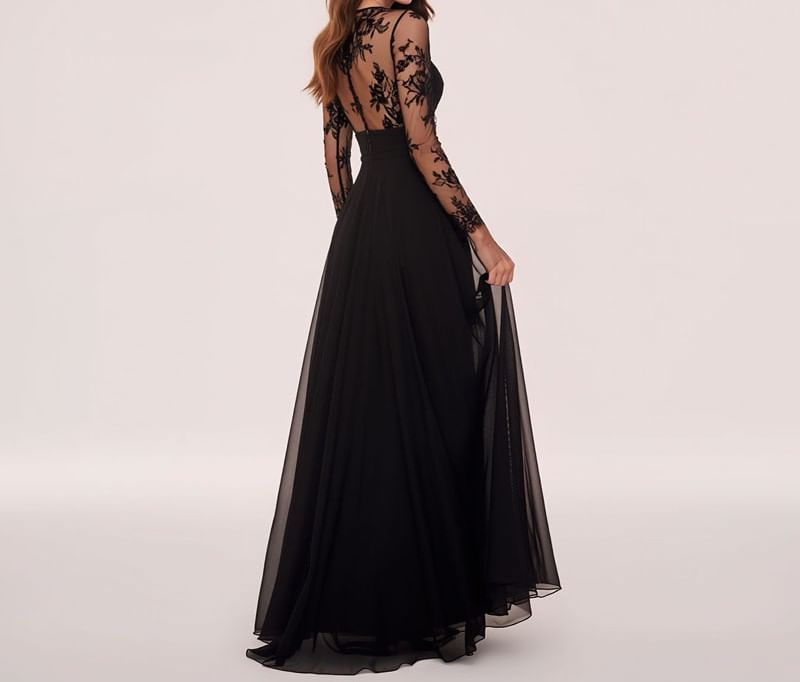 Long Sleeve Mock Neck Plain Panel Lace A-Line Evening Gown