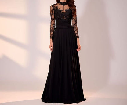 Long Sleeve Mock Neck Plain Panel Lace A-Line Evening Gown