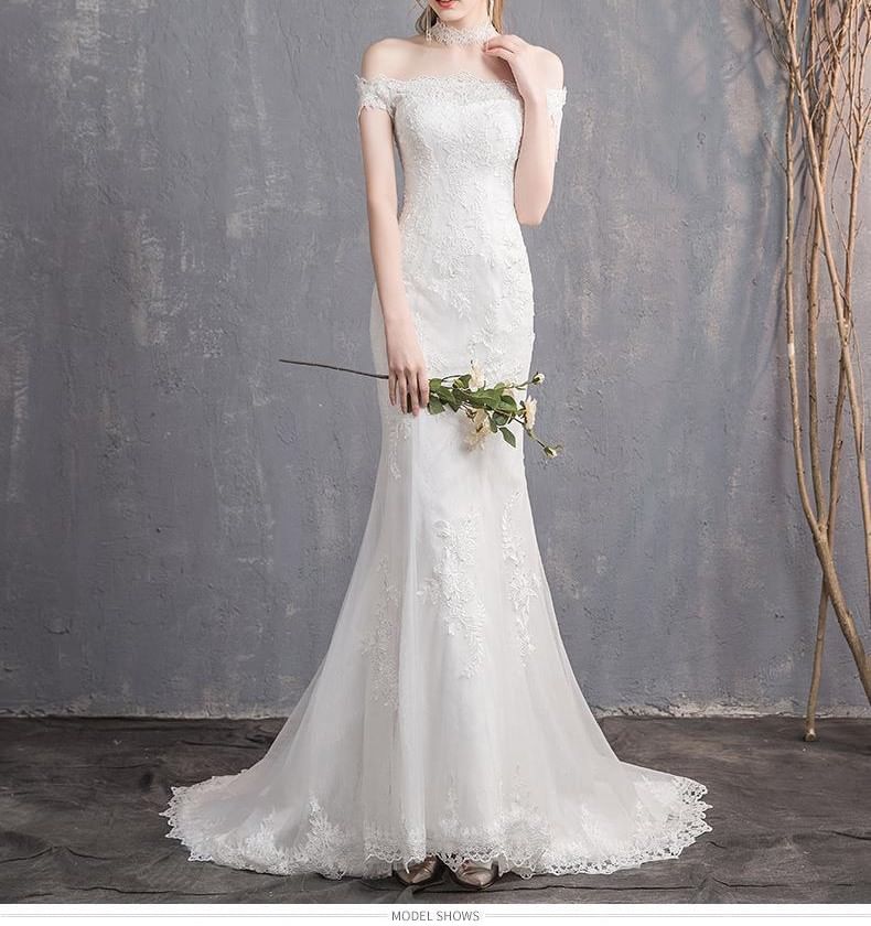 Sleeveless Off Shoulder Plain Lace Trumpet Wedding Gown