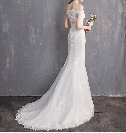 Sleeveless Off Shoulder Plain Lace Trumpet Wedding Gown