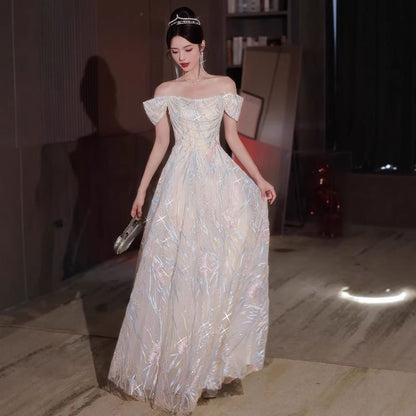 Sleeveless Off Shoulder Patterned Faux Pearl Strand Mesh A-Line Evening Gown