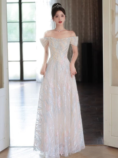 Sleeveless Off Shoulder Patterned Faux Pearl Strand Mesh A-Line Evening Gown