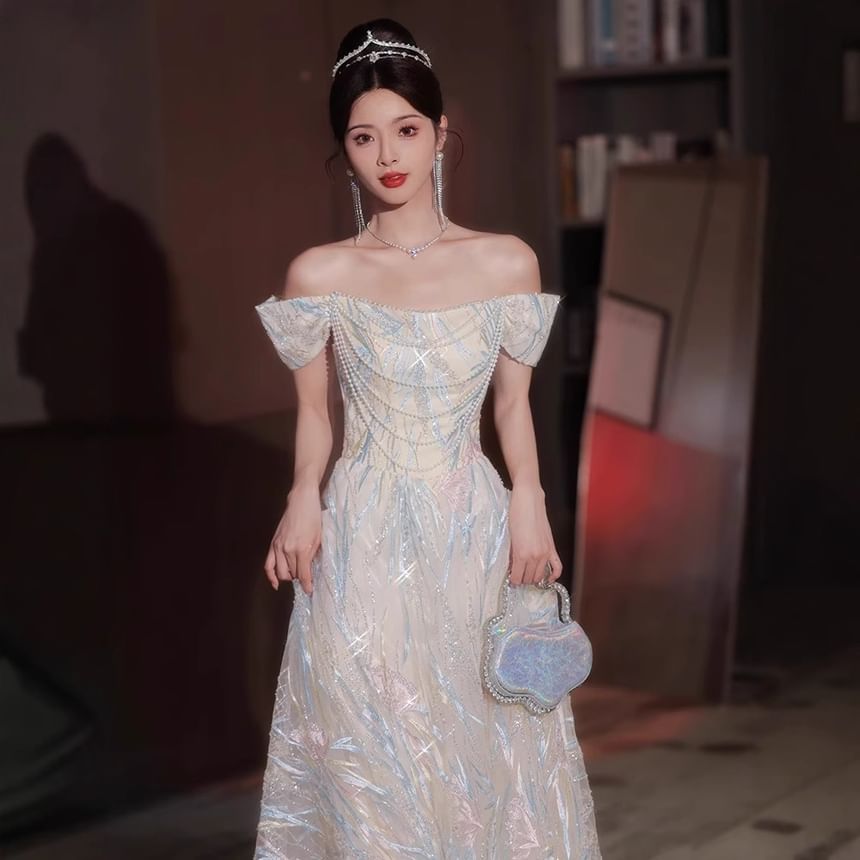 Sleeveless Off Shoulder Patterned Faux Pearl Strand Mesh A-Line Evening Gown