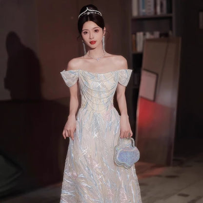 Sleeveless Off Shoulder Patterned Faux Pearl Strand Mesh A-Line Evening Gown