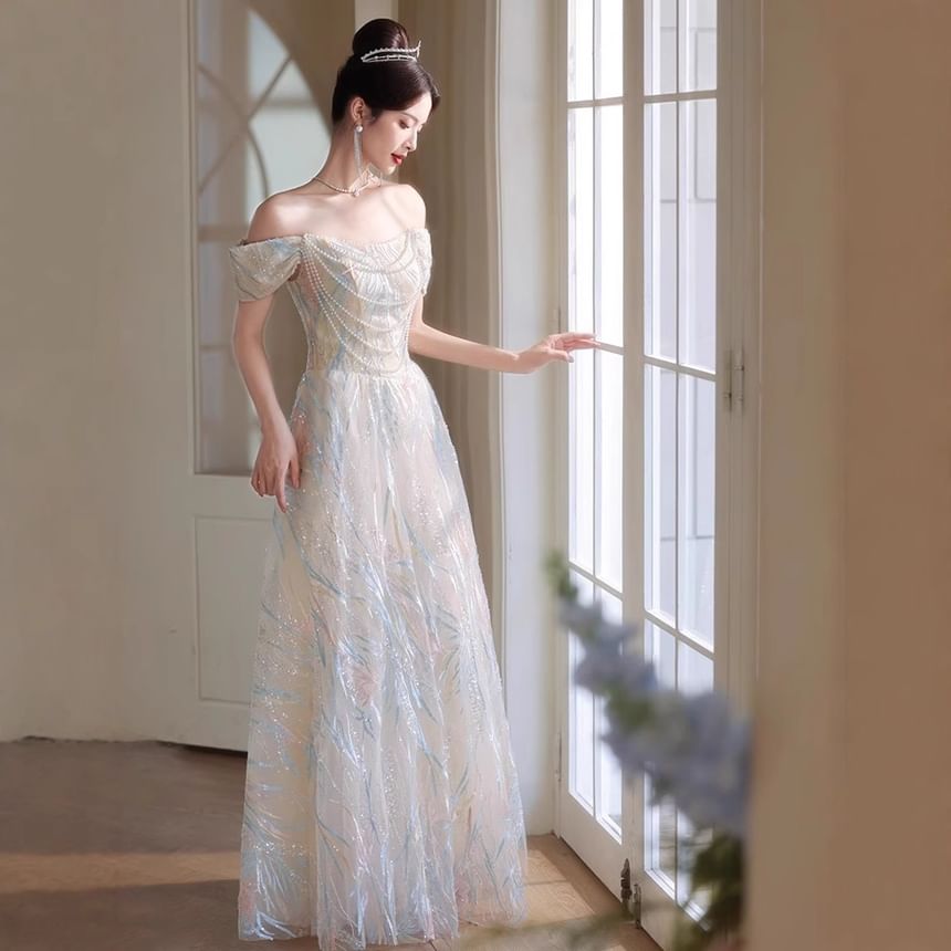 Sleeveless Off Shoulder Patterned Faux Pearl Strand Mesh A-Line Evening Gown