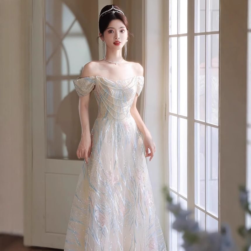 Sleeveless Off Shoulder Patterned Faux Pearl Strand Mesh A-Line Evening Gown