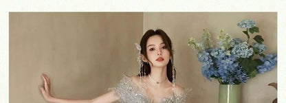 Short Sleeve Off Shoulder Beaded Ruffle Mesh A-Line Evening Gown