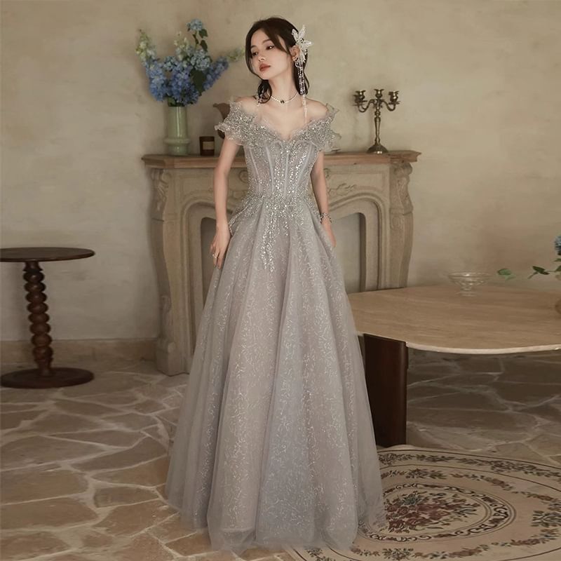Short Sleeve Off Shoulder Beaded Ruffle Mesh A-Line Evening Gown