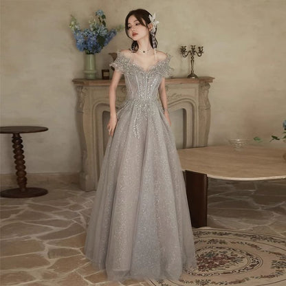 Short Sleeve Off Shoulder Beaded Ruffle Mesh A-Line Evening Gown