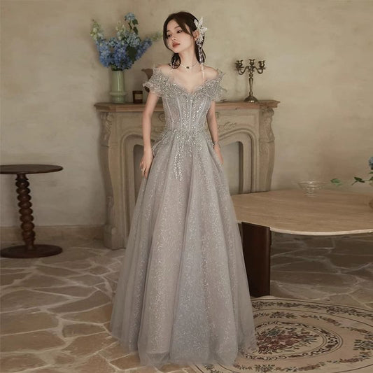 Short Sleeve Off Shoulder Beaded Ruffle Mesh A-Line Evening Gown