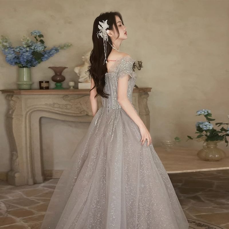 Short Sleeve Off Shoulder Beaded Ruffle Mesh A-Line Evening Gown