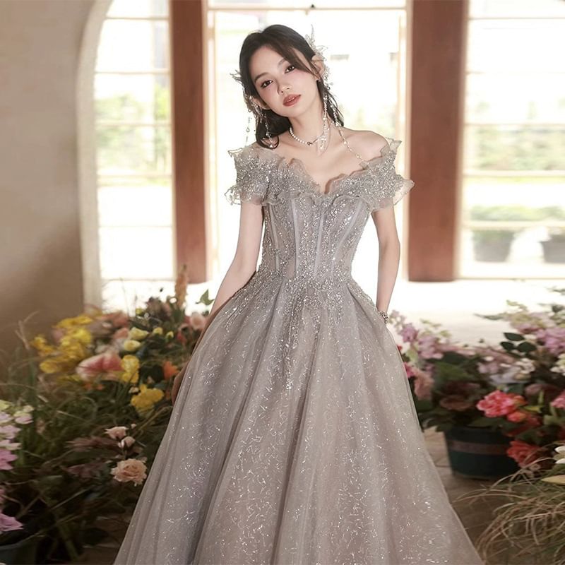 Short Sleeve Off Shoulder Beaded Ruffle Mesh A-Line Evening Gown