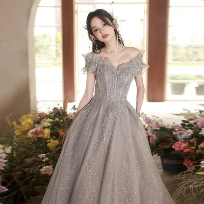 Short Sleeve Off Shoulder Beaded Ruffle Mesh A-Line Evening Gown