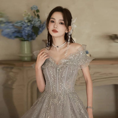 Short Sleeve Off Shoulder Beaded Ruffle Mesh A-Line Evening Gown