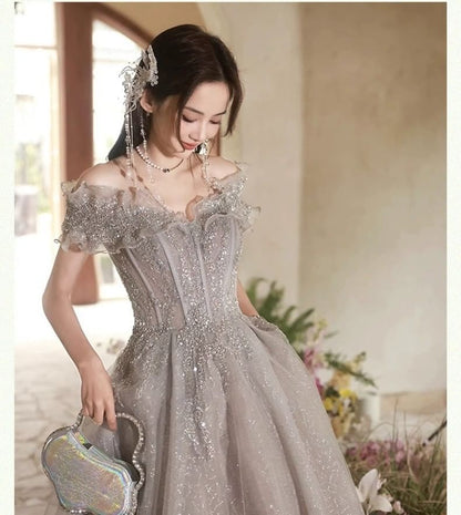Short Sleeve Off Shoulder Beaded Ruffle Mesh A-Line Evening Gown