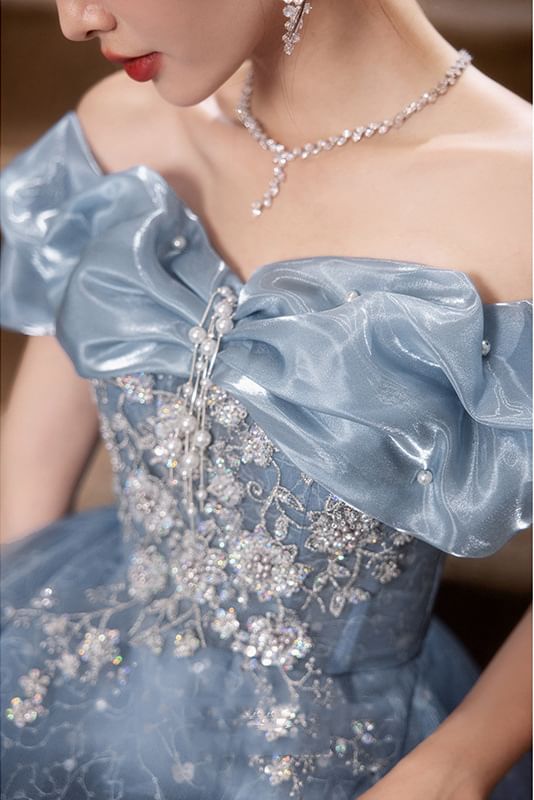 Short Sleeve Off Shoulder Beaded Floral Embroidered Mesh A-Line Evening Gown