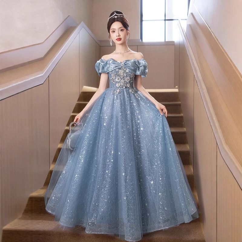 Short Sleeve Off Shoulder Beaded Floral Embroidered Mesh A-Line Evening Gown