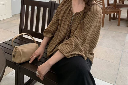 Plaid V-Neck Long Sleeve Blouse