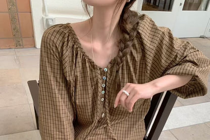 Plaid V-Neck Long Sleeve Blouse