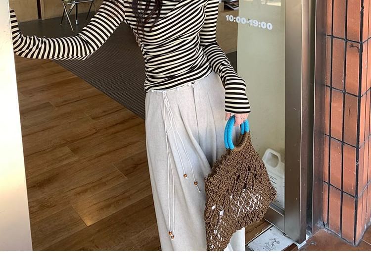 Striped Asymmetrical Neck Ruched Slim Fit Long Sleeve Tee