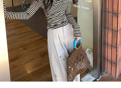 Striped Asymmetrical Neck Ruched Slim Fit Long Sleeve Tee