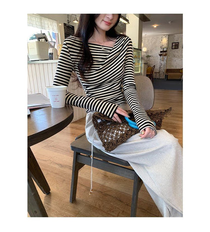 Striped Asymmetrical Neck Ruched Slim Fit Long Sleeve Tee