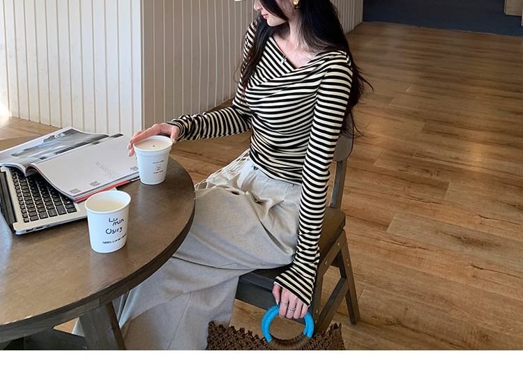 Striped Asymmetrical Neck Ruched Slim Fit Long Sleeve Tee