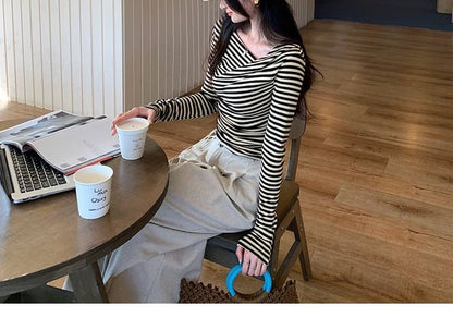 Striped Asymmetrical Neck Ruched Slim Fit Long Sleeve Tee