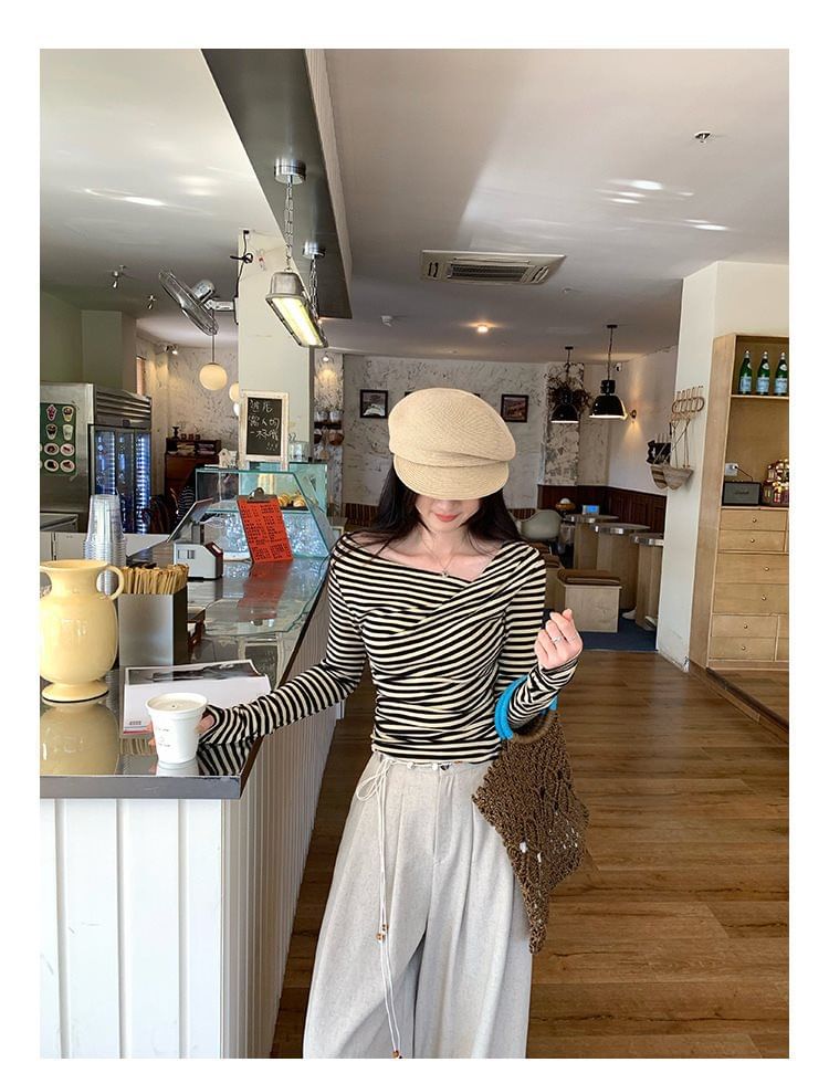 Striped Asymmetrical Neck Ruched Slim Fit Long Sleeve Tee
