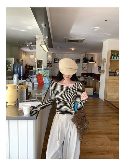 Striped Asymmetrical Neck Ruched Slim Fit Long Sleeve Tee