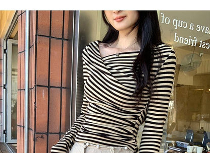 Striped Asymmetrical Neck Ruched Slim Fit Long Sleeve Tee