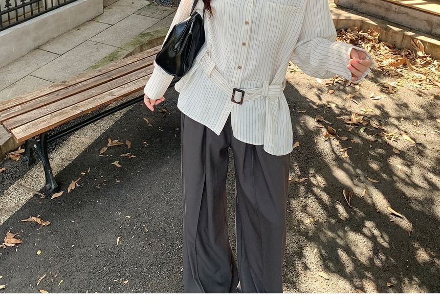 Pinstriped Button-Up Shirt and Belt Set