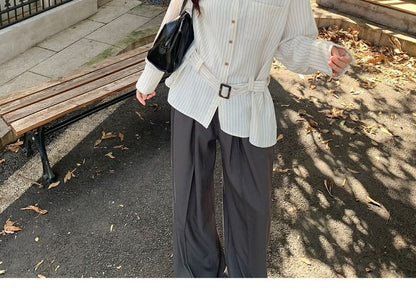 Pinstriped Button-Up Shirt and Belt Set