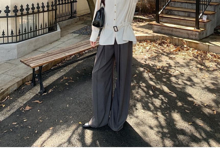 Pinstriped Button-Up Shirt and Belt Set