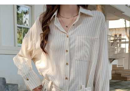 Pinstriped Button-Up Shirt and Belt Set