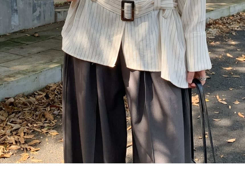 Pinstriped Button-Up Shirt and Belt Set