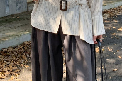 Pinstriped Button-Up Shirt and Belt Set