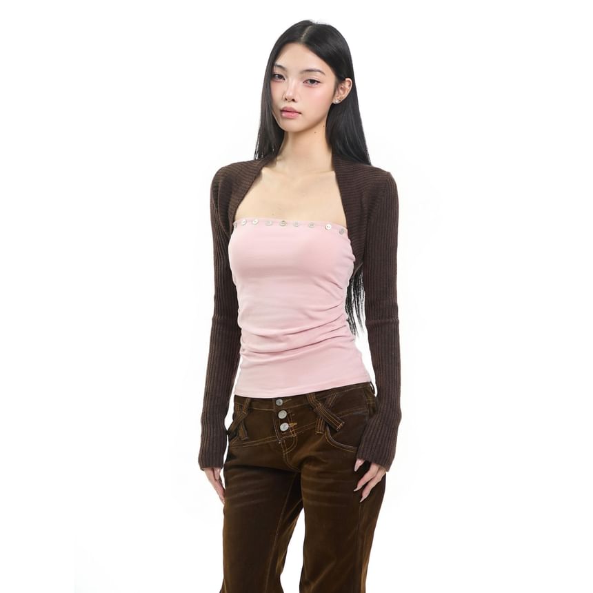 Ruched Square Neck Crop Tee with Two-Tone Faux Layer