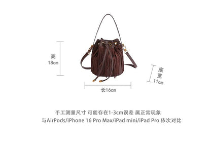 Fringed Drawstring Faux Suede Top Handle Crossbody Bucket Bag