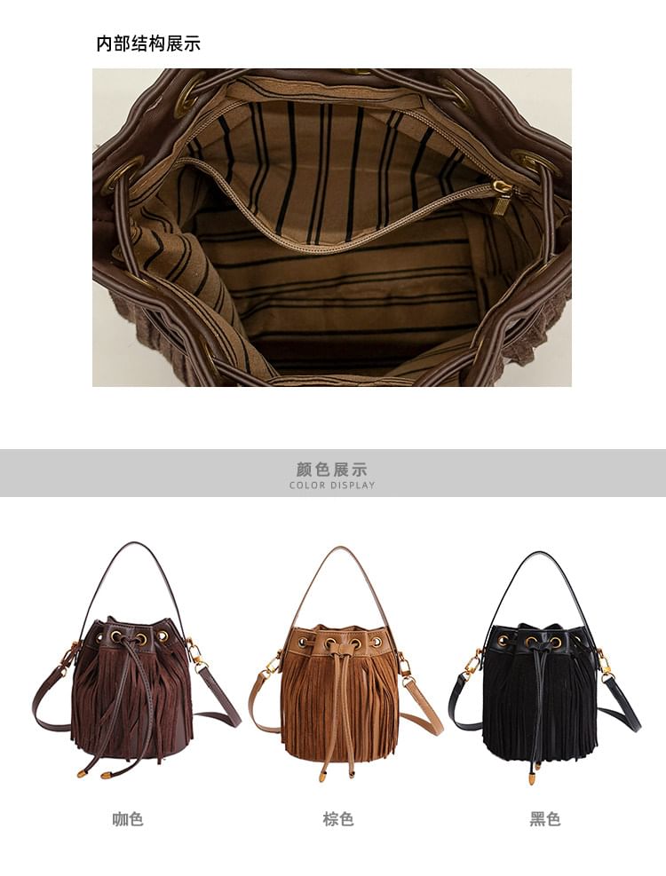 Fringed Drawstring Faux Suede Top Handle Crossbody Bucket Bag