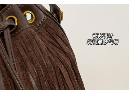 Fringed Drawstring Faux Suede Top Handle Crossbody Bucket Bag