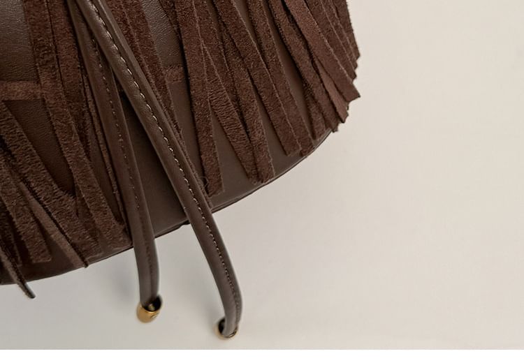 Fringed Drawstring Faux Suede Top Handle Crossbody Bucket Bag