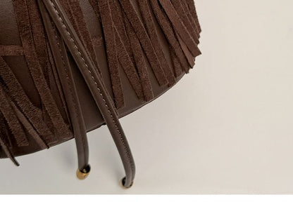 Fringed Drawstring Faux Suede Top Handle Crossbody Bucket Bag