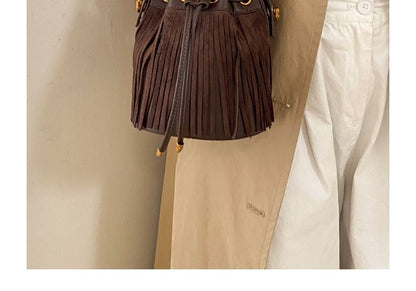 Fringed Drawstring Faux Suede Top Handle Crossbody Bucket Bag