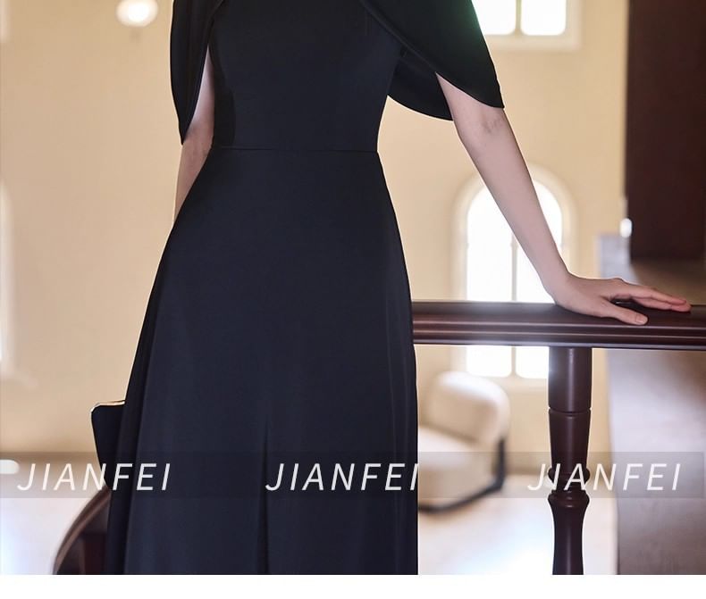 Short Sleeve Cold Shoulder Plain Beaded Keyhole A-Line Evening Dress