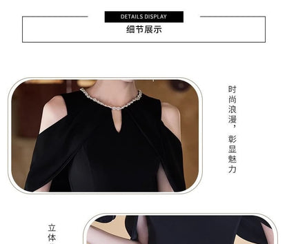 Short Sleeve Cold Shoulder Plain Beaded Keyhole A-Line Evening Dress